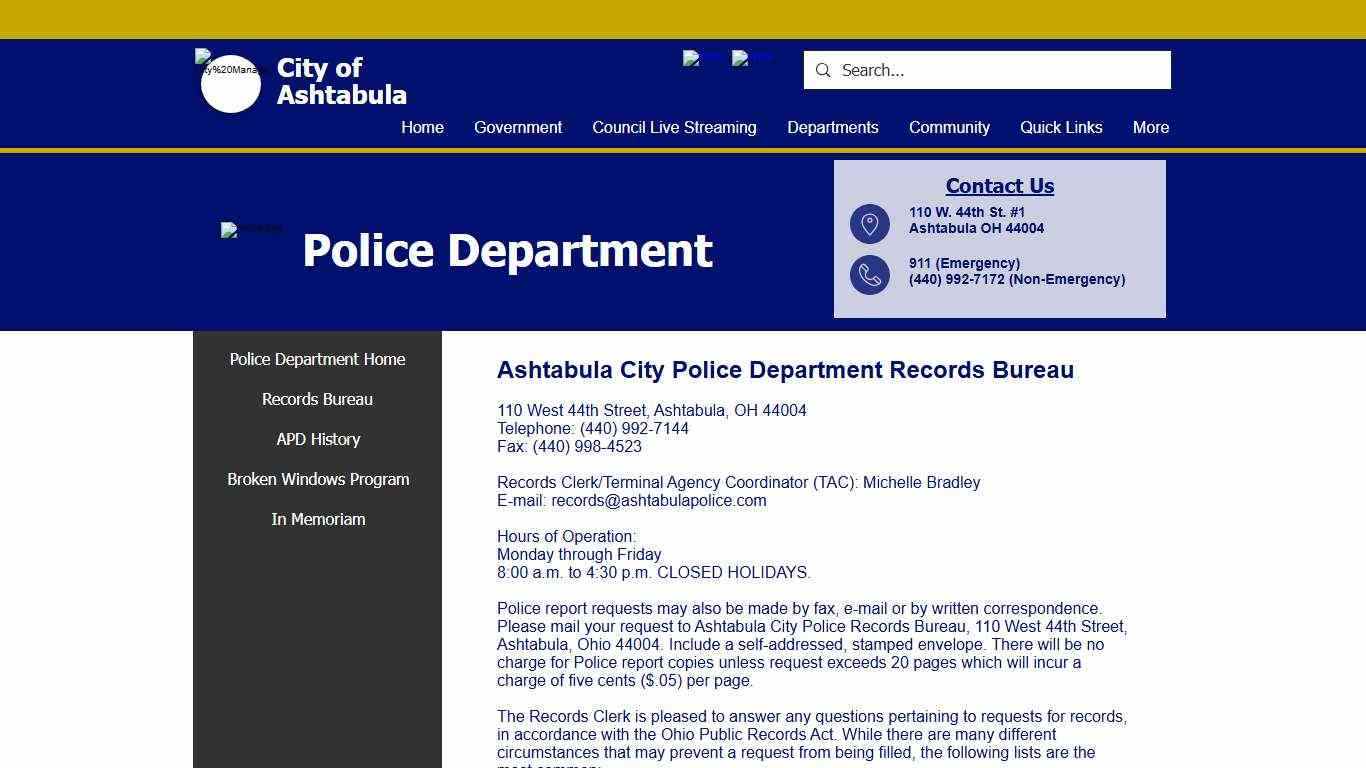 Records Bureau | City of Ashtabula | Ashtabula, OH